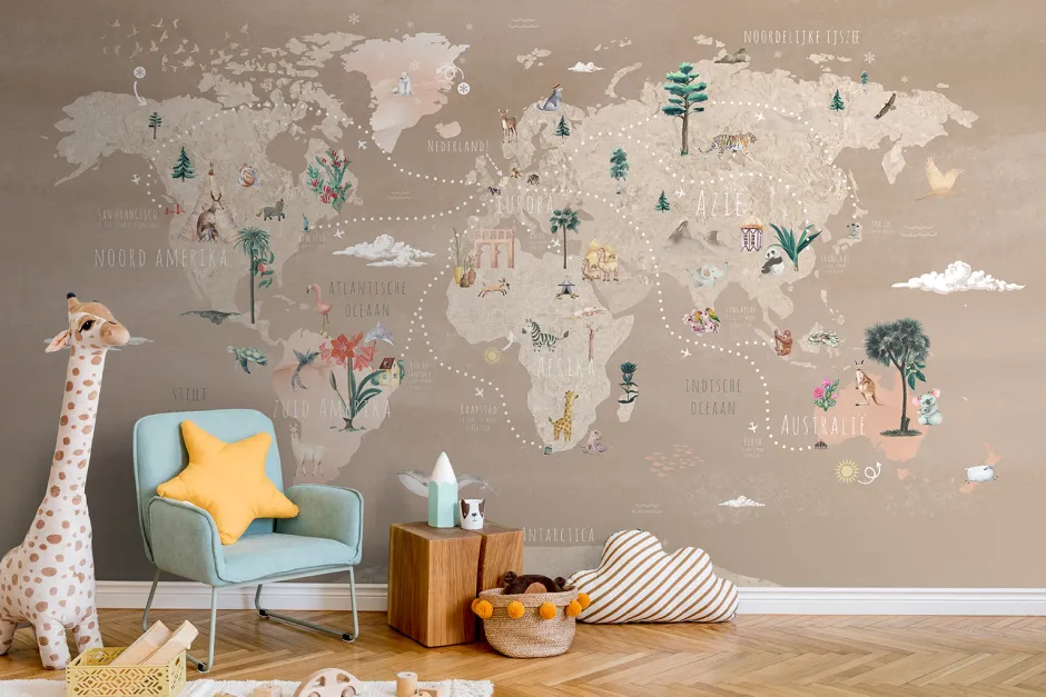 Poespas Home Dieren | Behang^Behang Wereldkaart | Beige