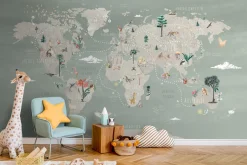 Poespas Home Dieren | Behang^Behang Wereldkaart | Mint